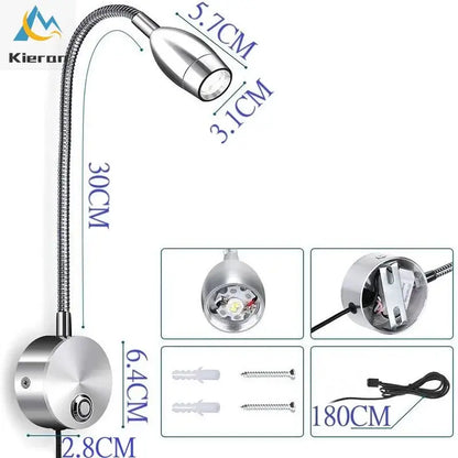 Silver metallic decorbites led snake wall lamp with adjustable head and flexible arm for bedroom reading light