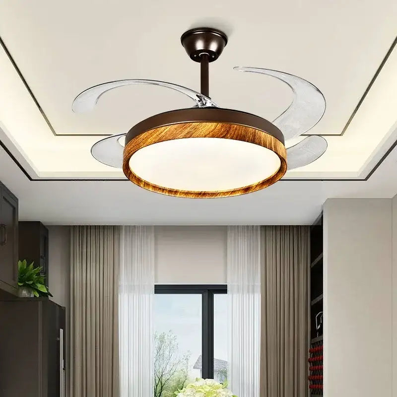 DecorBites™ LED solid wood round ceiling fan light with warm wood grain frame and transparent curved blades with remote control