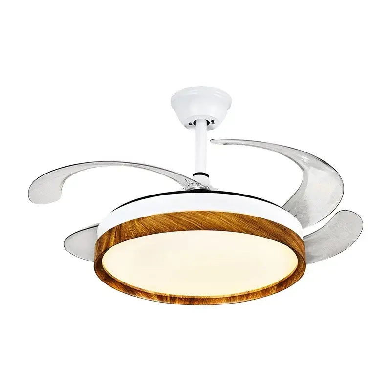 DecorBites LED solid wood round ceiling fan light with sleek chrome blades and warm wood-grain accent fan light