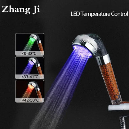 Zhang ji led spa shower head with chrome finish transparent body orange beads and purple light temperature sensor