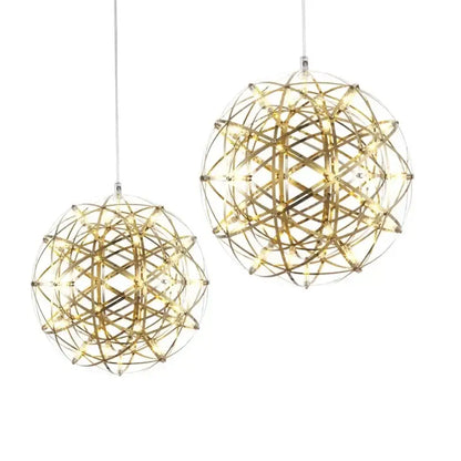 Golden spherical pendant light with intricate wireframe design and embedded led bulbs from decorbites led spark ball series