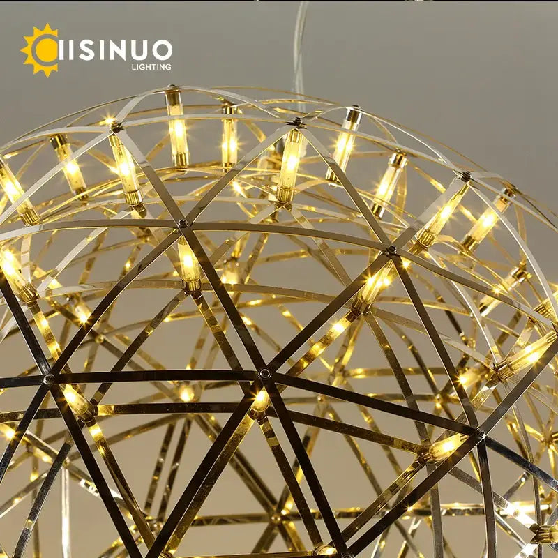 Golden geometric stainless steel pendant light with illuminated led bulbs from DecorBites led spark ball chandelier