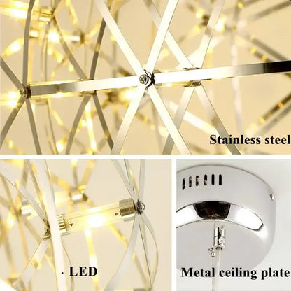 Modern stainless steel decorbites led spark pendant light with geometric frame and warm led spark ball lighting