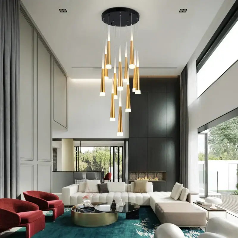 Modern gold and white decorbites led spiral chandelier with tapered shades and black ceiling mount for stairwell lighting