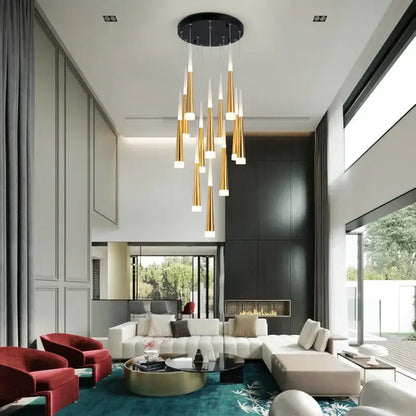Modern gold and white decorbites led spiral chandelier with tapered shades hanging from black ceiling mount for stairwell lighting