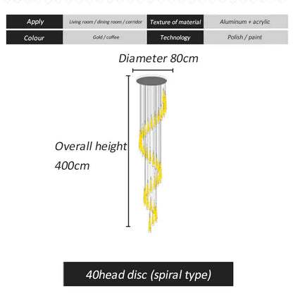 DecorBites led spiral chandelier with 40 aluminum and acrylic discs in gold and coffee for stairwell lighting