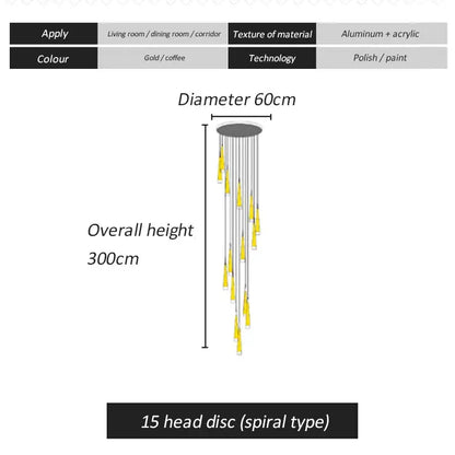 A modern gold and coffee-colored decorbites led spiral chandelier with 15 acrylic light heads for stairwell lighting