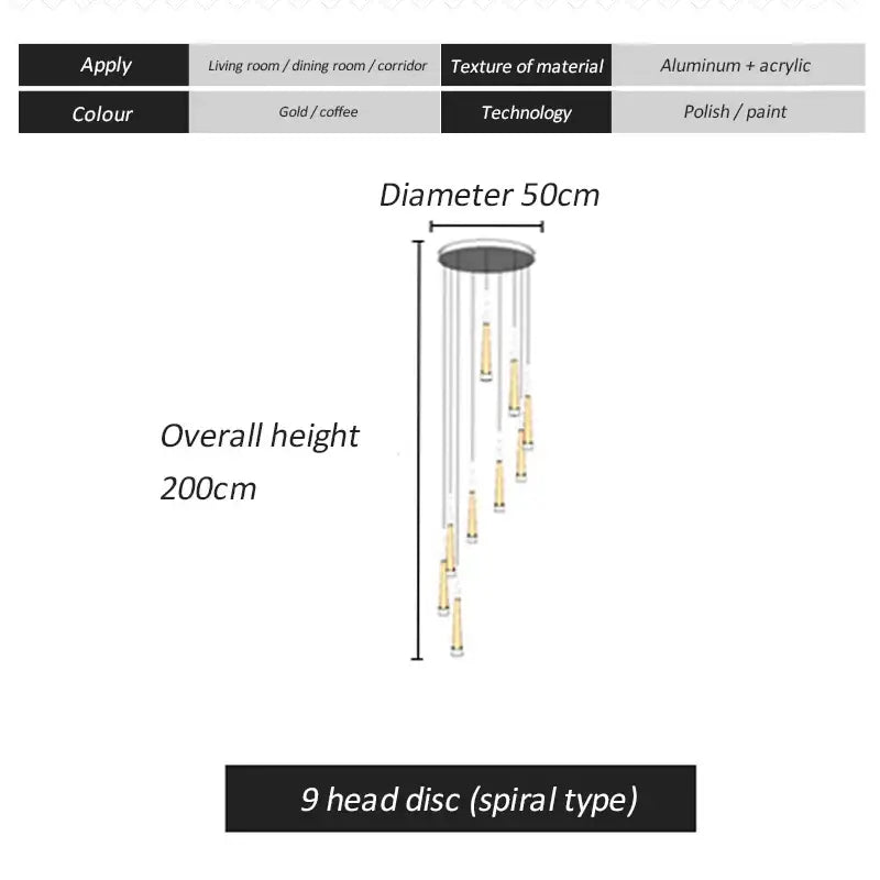 Gold and coffee-colored decorbites led spiral chandelier with aluminum and acrylic for stairwell lighting