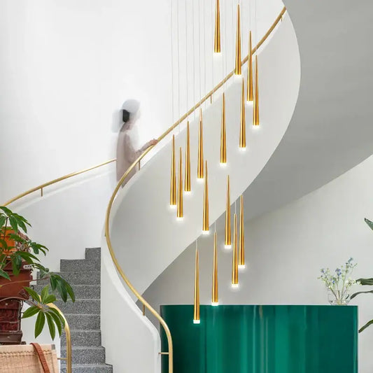 Golden slender decorbites led spiral chandelier in black chrome gold cascade above staircase for stairwell lighting