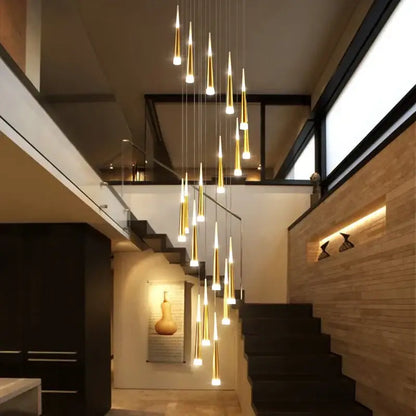 A modern gold-toned decorbites led spiral chandelier with tapered glass shades for contemporary home lighting