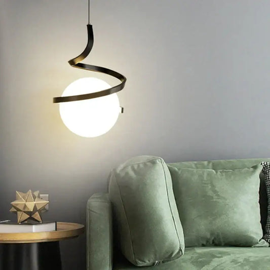 Modern black metal decorbites led spiral pendant light with a glowing white glass shade for living room lighting