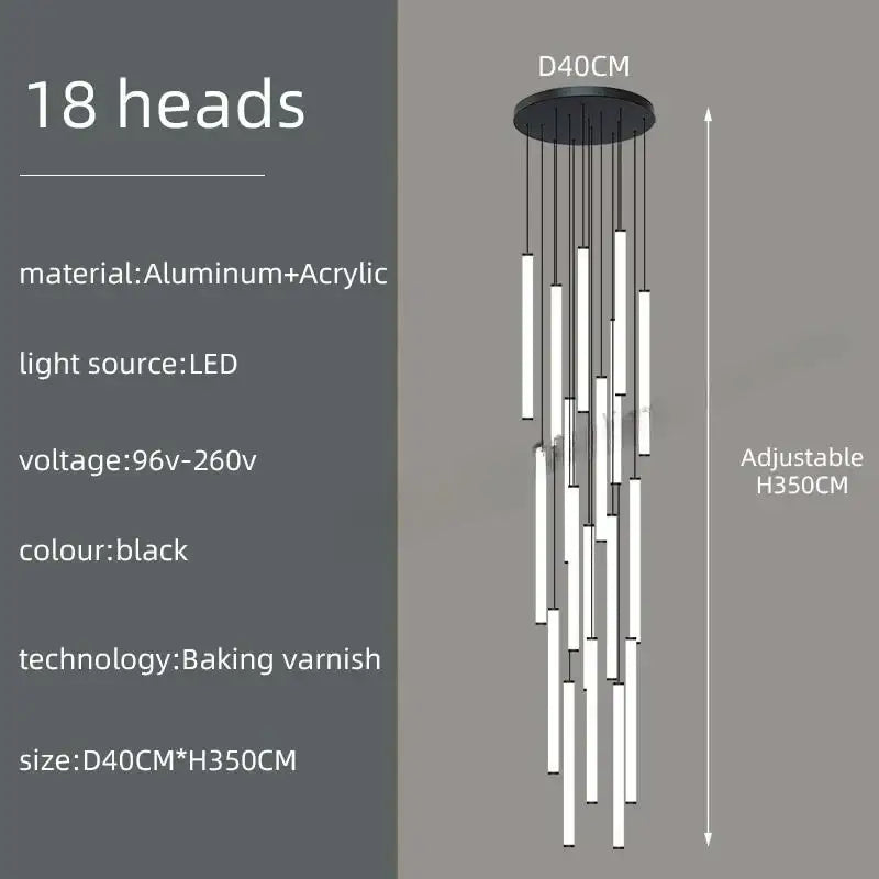 Black DecorBites™ LED spiral staircase chandelier with 18 slender led rods and aluminum base for home decor