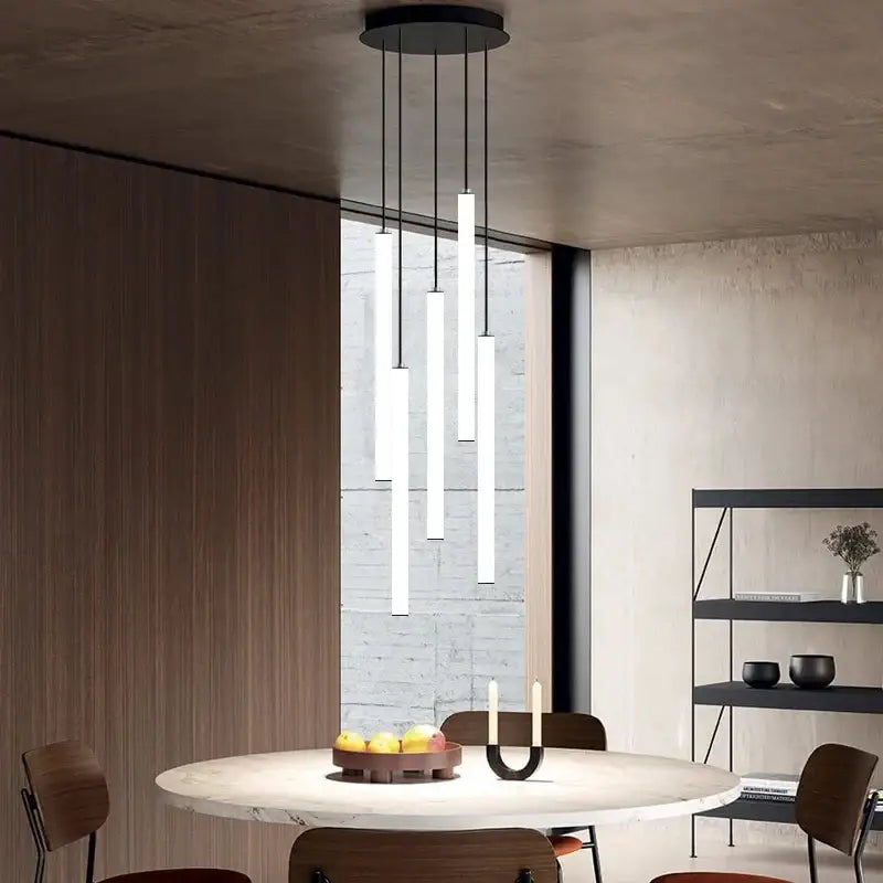 DecorBites™ LED spiral staircase chandelier with five slender white rods and black ceiling fixture for home decor