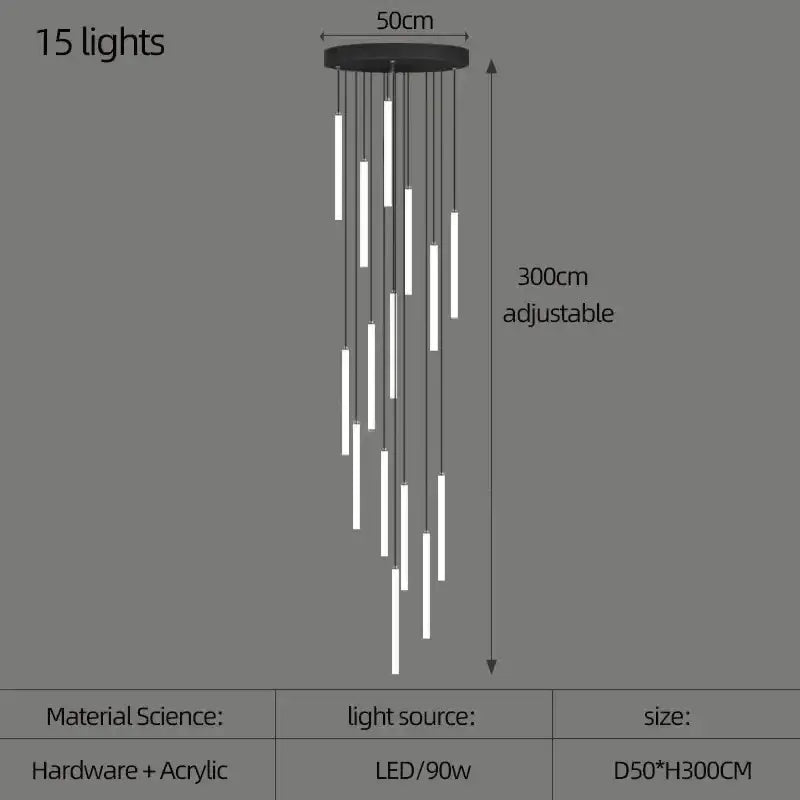 Modern black DecorBites™ led spiral staircase chandelier with 15 adjustable white acrylic LED rods for home decoration