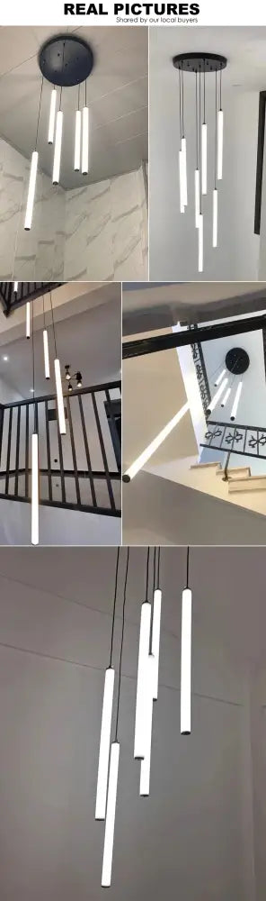 Decorbites™ led spiral staircase chandelier featuring modern minimalist white cylindrical pendant lights with black fixtures