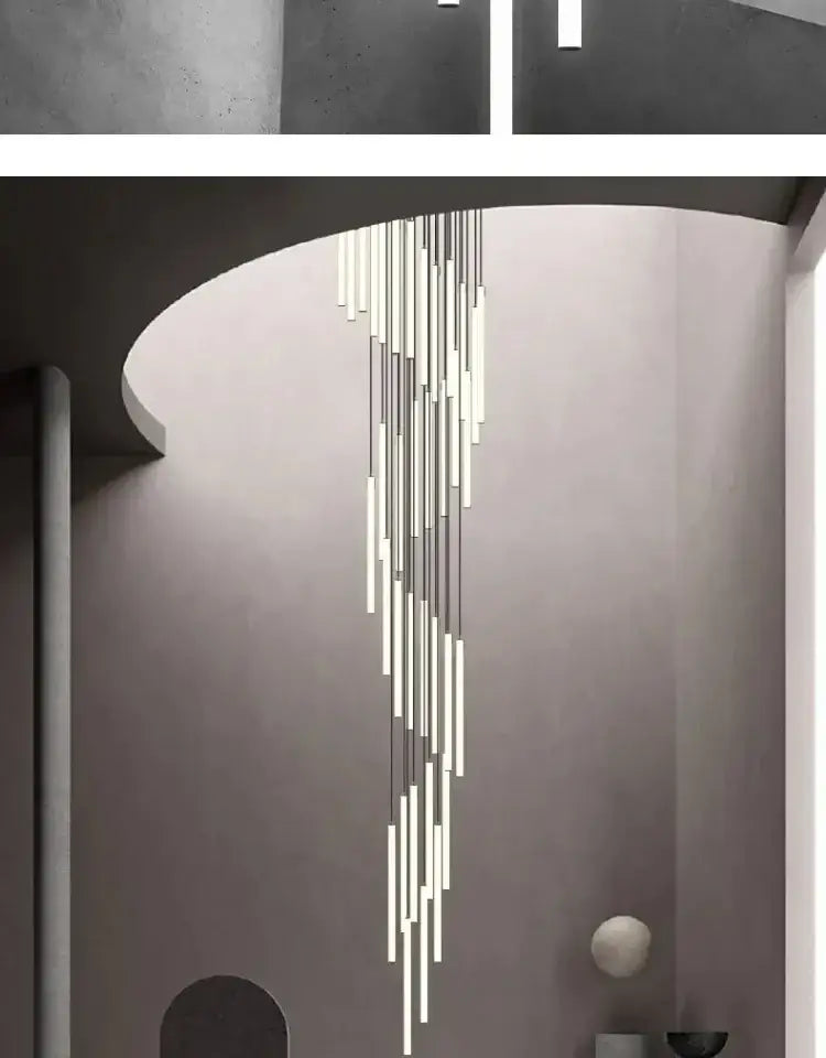 DecorBites™ led spiral staircase chandelier with modern minimalist white and metallic gray cylindrical rods for home lighting