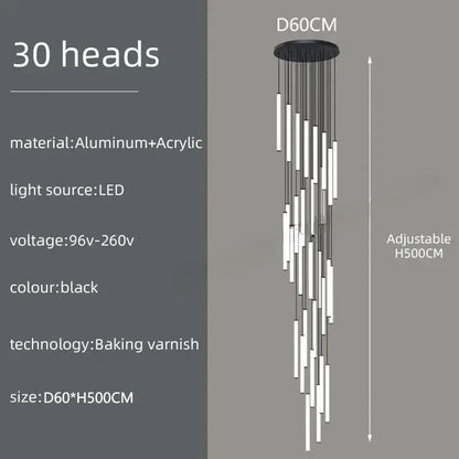 Black modern DecorBites™ led spiral staircase chandelier with 30 slender aluminum and acrylic light heads