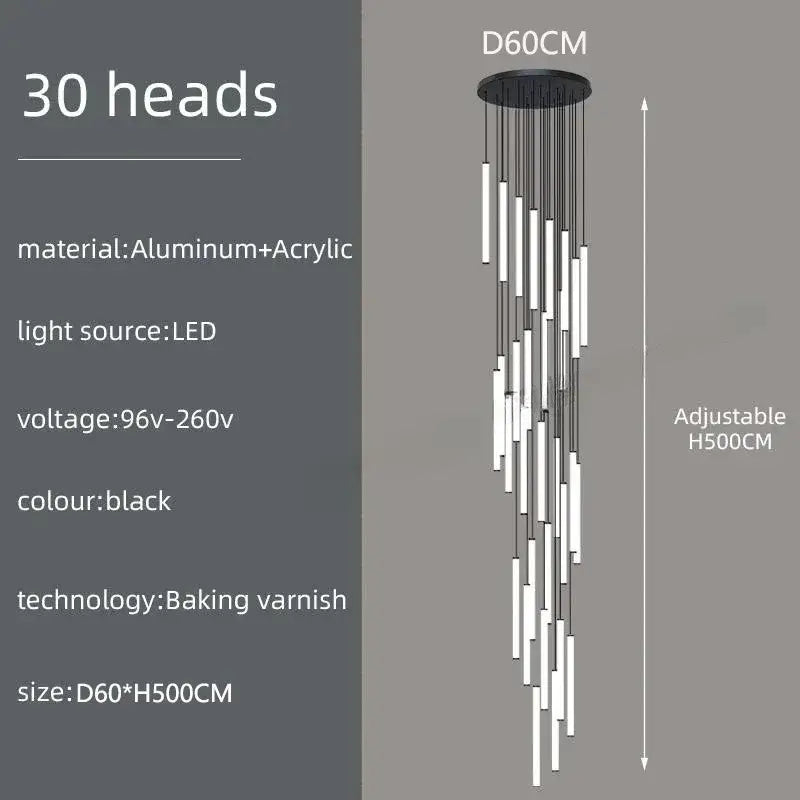 Black DecorBites™ LED spiral staircase chandelier with 30 aluminum and acrylic light heads for modern living room lighting