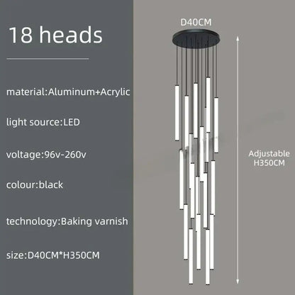 DecorBites™ black LED spiral staircase chandelier with 18 slender rods and aluminum base for modern living room lighting