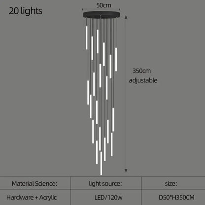 Decorbites™ led spiral staircase chandelier with black circular fixture and 20 white acrylic led tubes for living room lighting