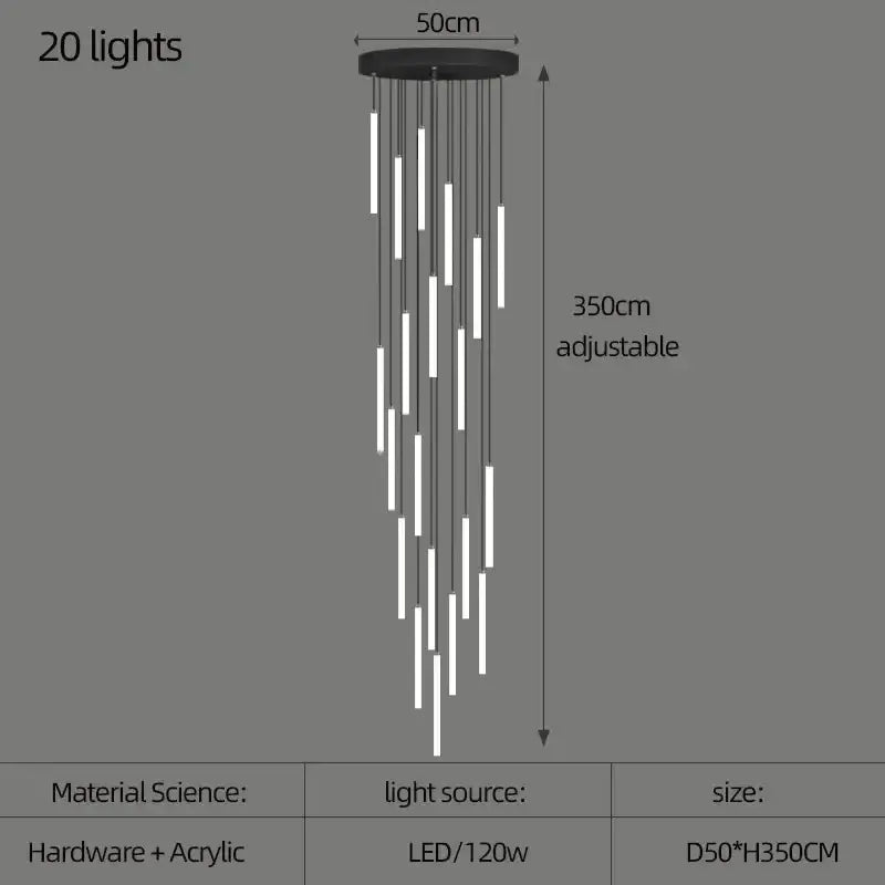 Decorbites™ led spiral staircase chandelier with black circular fixture and 20 white acrylic led tubes for living room lighting