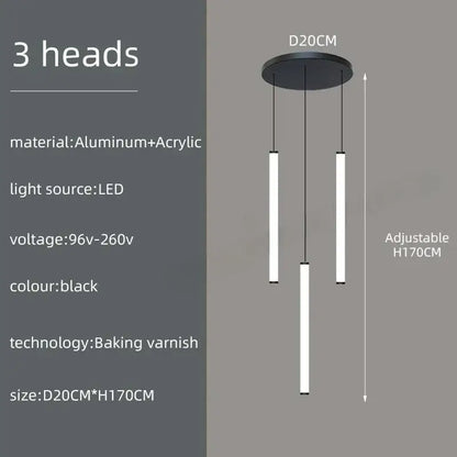 Black modern pendant light with three vertical led bars suspended from circular aluminum base for led spiral staircase lighting