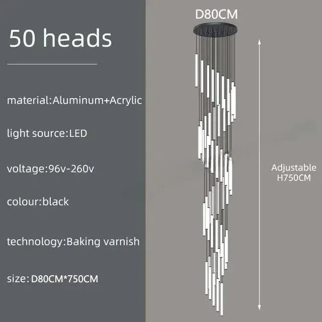 DecorBites™ black aluminum and acrylic LED spiral staircase chandelier with 50 light heads for modern living room lighting