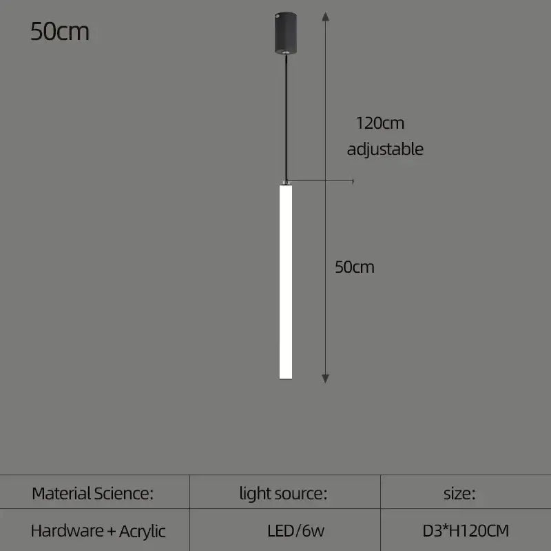 Black cylindrical led pendant light with 50cm acrylic diffuser and adjustable 120cm hanging for spiral staircase lighting