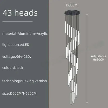 Black DecorBites™ LED spiral staircase chandelier with 43 aluminum and acrylic light heads for modern living room lighting