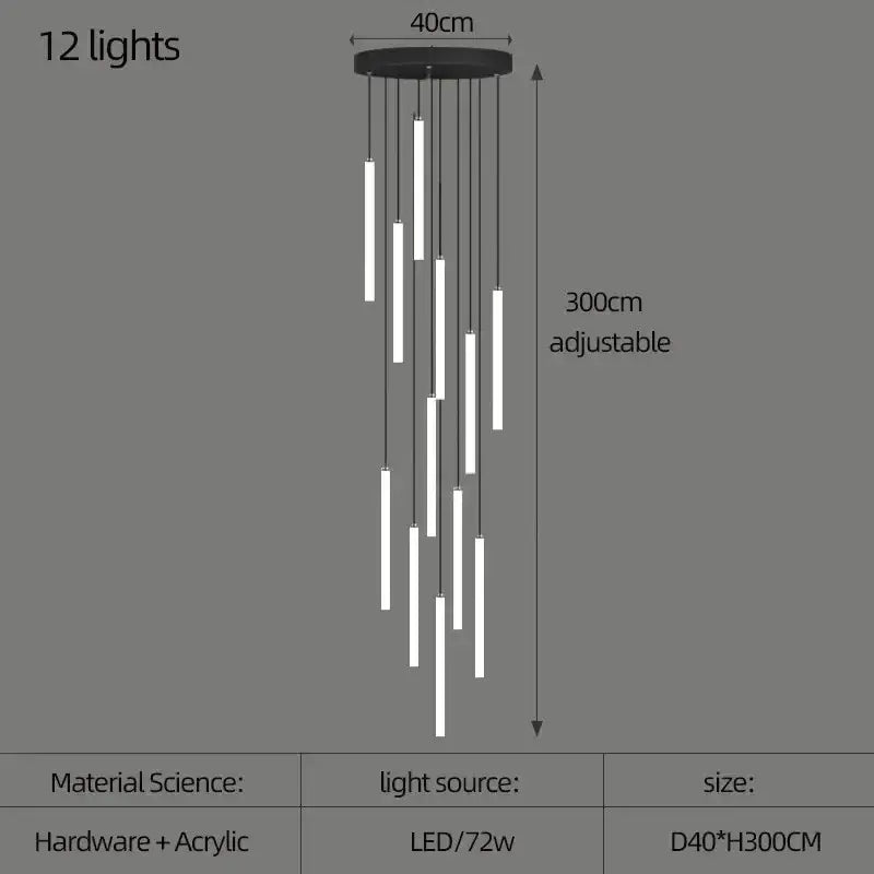 Modern black circular DecorBites™ led spiral staircase chandelier with 12 adjustable white acrylic light tubes for home lighting