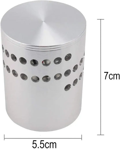 Silver cylindrical trash can with brushed metal finish and circular perforations shown with decorbites led spiral wall light