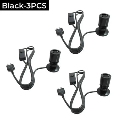Black cylindrical decorbites led spotlight fixtures with integrated power cords and switches for cabinet and shelf lighting