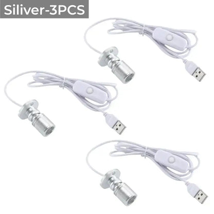 Silver decorbites led spotlight fixtures with white cords and switches for cabinet shelf and ceiling lighting
