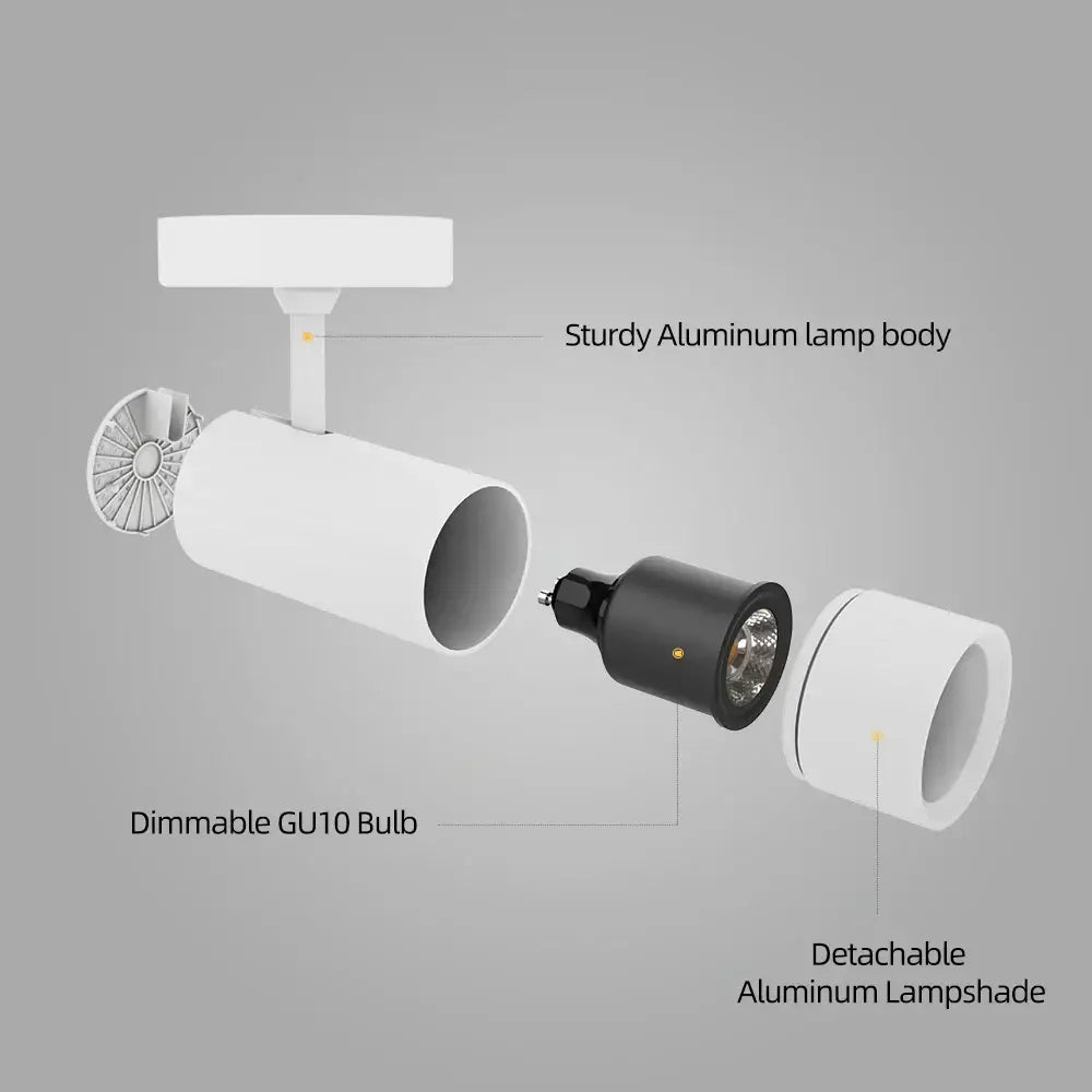 White cylindrical decorbites led spotlight with detachable aluminum shade and black dimmable gu10 bulb for indoor lighting