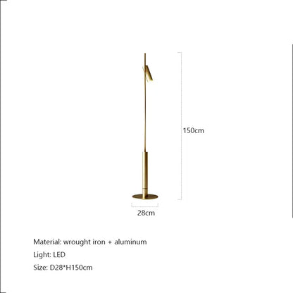 A sleek brass-finished wrought iron and aluminum DecorBites LED spotlight floor lamp with adjustable LED spotlight projection