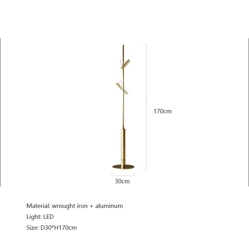Gold-finished wrought iron and aluminum floor lamp with three angled LED light fixtures for DecorBites LED spotlight projection