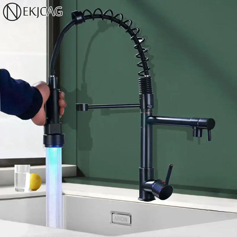 Black matte decorbites led spring kitchen faucet with flexible coiled spout and blue led lighting for modern kitchens