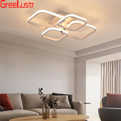 Modern white rectangular decorbites led square chandelier ceiling light with sleek geometric design and warm ambient glow