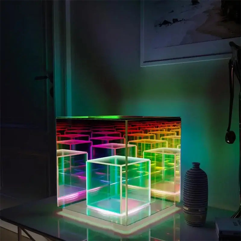 Decorbites led square color translucent cube table lamp with rainbow led light display for home bedroom decoration
