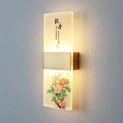 Decorbites led square wall lamp with frosted glass and chinese floral artwork for modern indoor lighting use