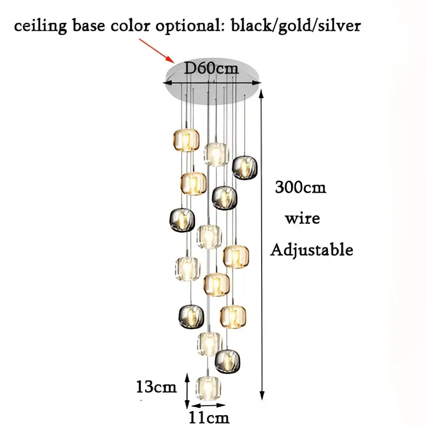 Adjustable 300cm decorbites led stair chandelier with circular base and cascading amber crystal glass globes for indoor use