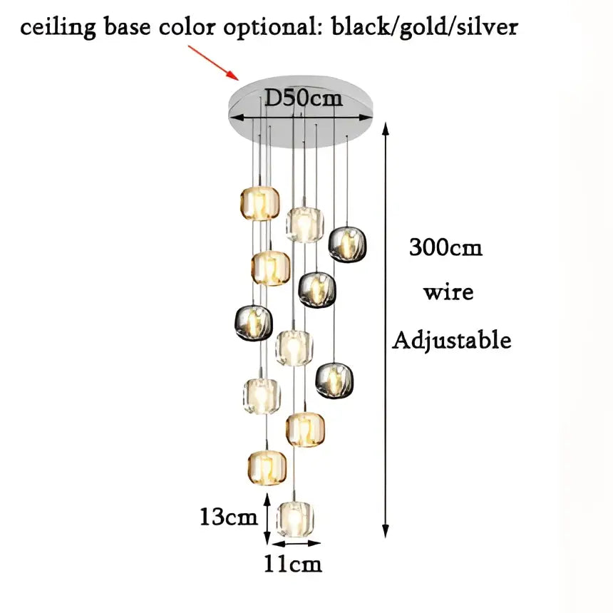 Adjustable decorbites led stair chandelier with circular base and cascading clear faceted glass globe lights