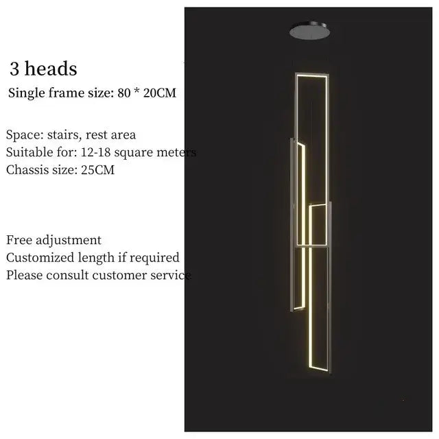 Modern minimalist decorbites led stair chandelier with three warm golden vertical led strips in sleek metallic frames