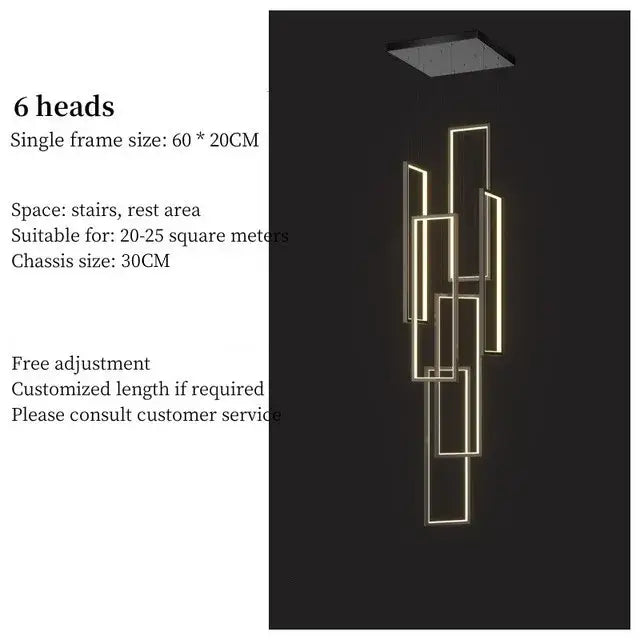 Modern geometric decorbites led stair chandelier with six illuminated rectangular lights and sleek metallic frames