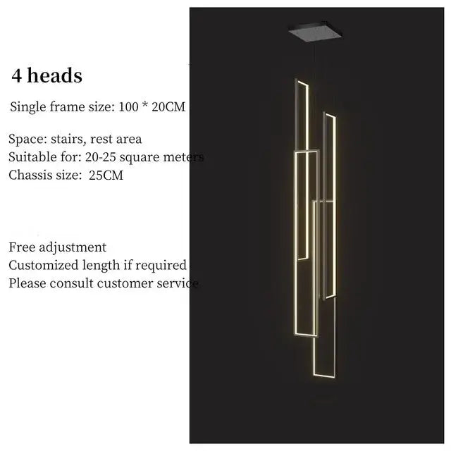 Modern geometric decorbites led stair chandelier with four warm golden illuminated rectangular frames for luxury living