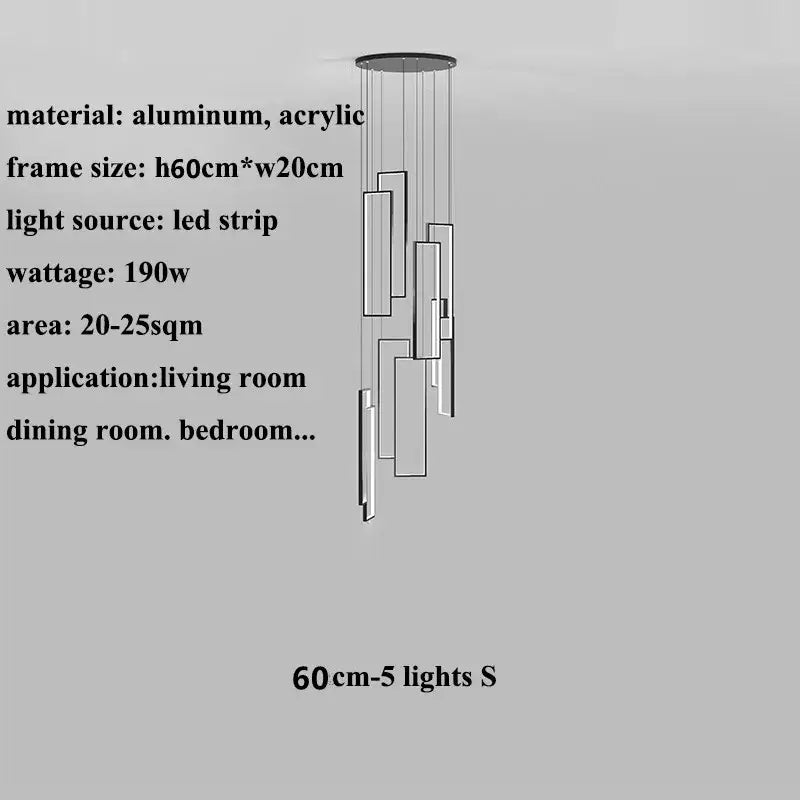 Modern minimalist decorbites led stair chandelier with sleek aluminum acrylic frame and five vertical asymmetrical led strips