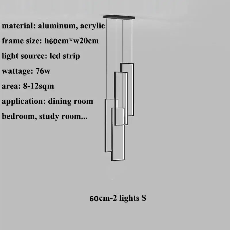 Modern minimalist decorbites led stair chandelier with sleek aluminum and acrylic frame and vertical LED strip lights