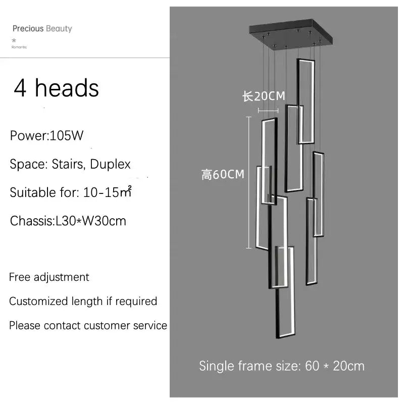Modern black rectangular decorbites led stair chandelier with four hanging light heads for luxury loft living