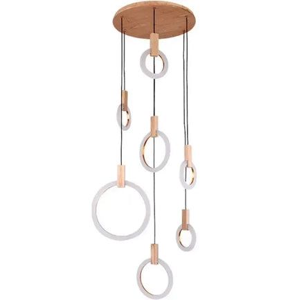 Modern decorbites led stair chandelier with circular wooden mount and five translucent white rings for bedroom lighting