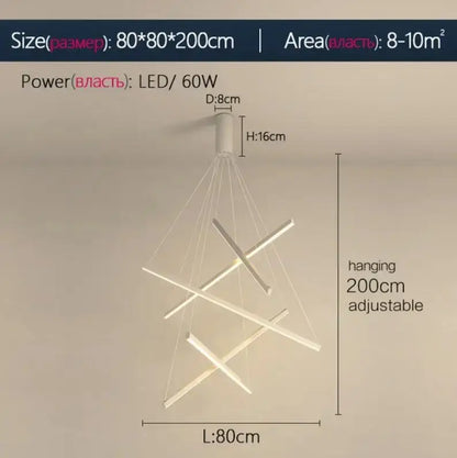 Modern white DecorBites led stair chandelier with intersecting geometric bars and adjustable hanging length for indoor decor